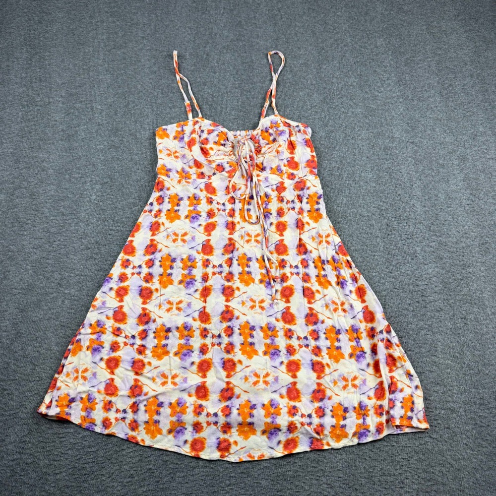Aerie Women's XS Floral Mini Sundress Orange Purple Keyhole Front Smocked Back